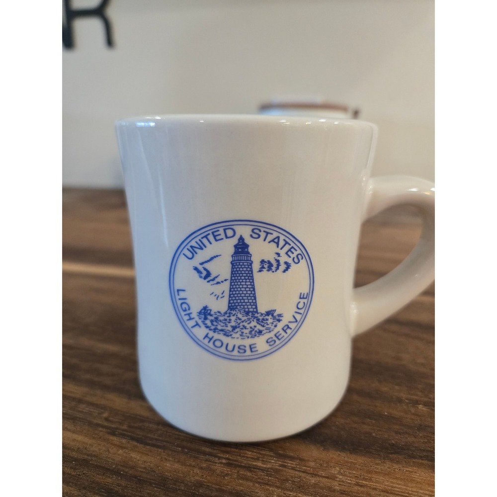 M Ware China US Light House Service Ceramic Coffee Mug White Blue Nautical Diner